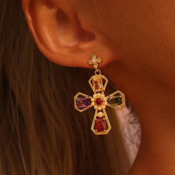 Bohemian cross earrings A954 - Picture 2 of 5